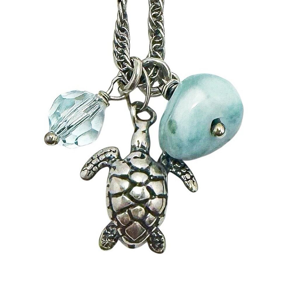 925 Sterling Silver Turtle Charm Pendant Necklace And Larimar 18” 5.1 G